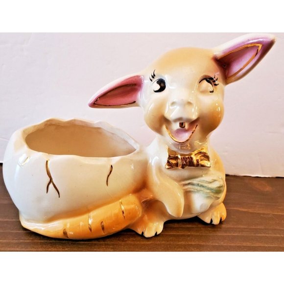 Vintage Bunny Dish Ceramic Rabbit Egg Carrot Candy Planter Gold 6" x 3" Kitch - Picture 1 of 11